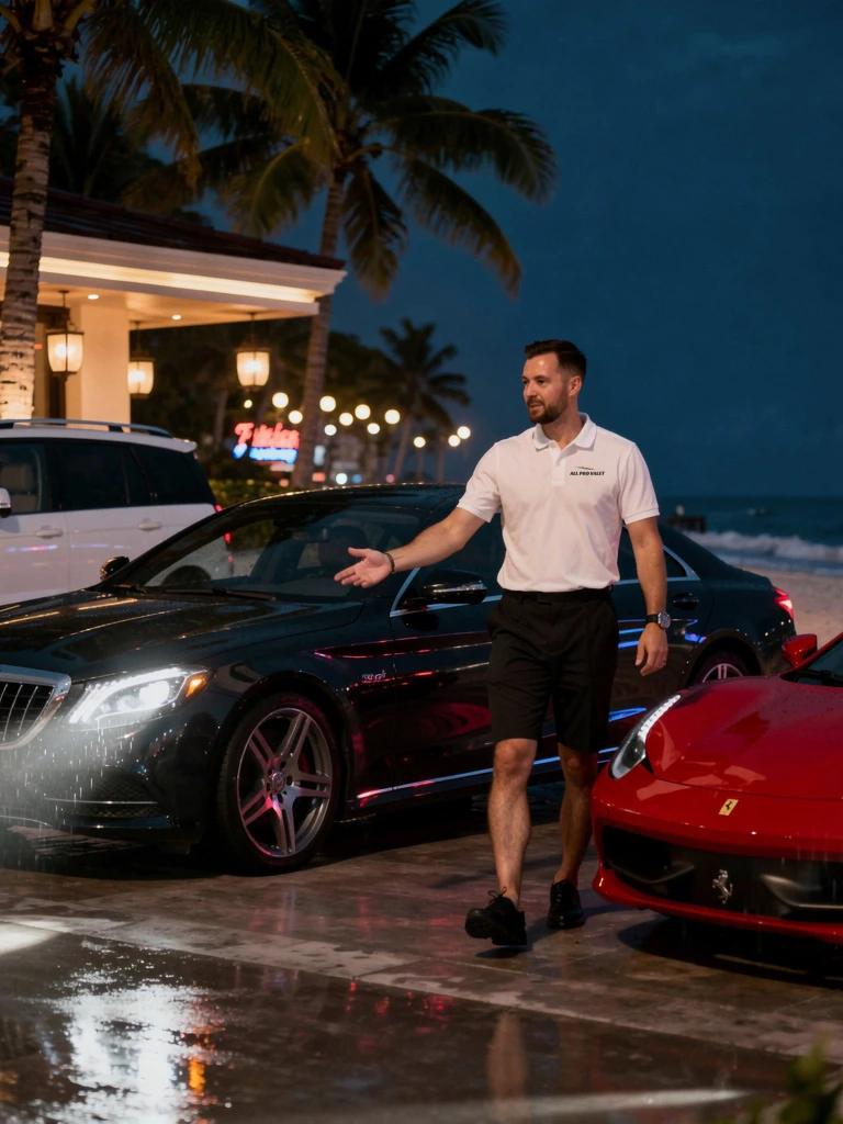 Valet directing traffic with All Pro Valet branded trailer, Mercedes and Ferrari in frame